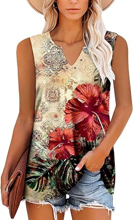 MODARANI Plus Size Tops for Women 3X Sleeveless Shirts V Neck Flowy Tank Top Blouse Summer Shirts Tunic Top HibiscusRed