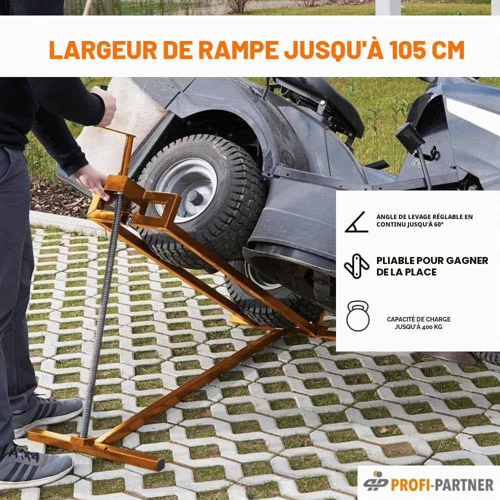 Lève-tondeuse inclinable – Dispositif de levage jusqu’à 400 kg | Réglable en continu, pliable & stable | Pour tondeuses, quads, tracteurs-tondeuses et autres