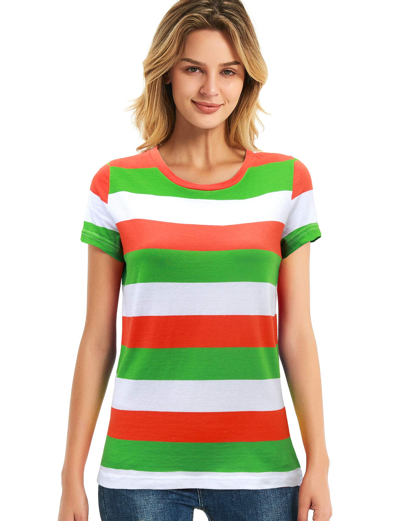 Zbrandy Green Orange White Striped T-Shirt Women Crew Neck Short Sleeve Wide Stripes S