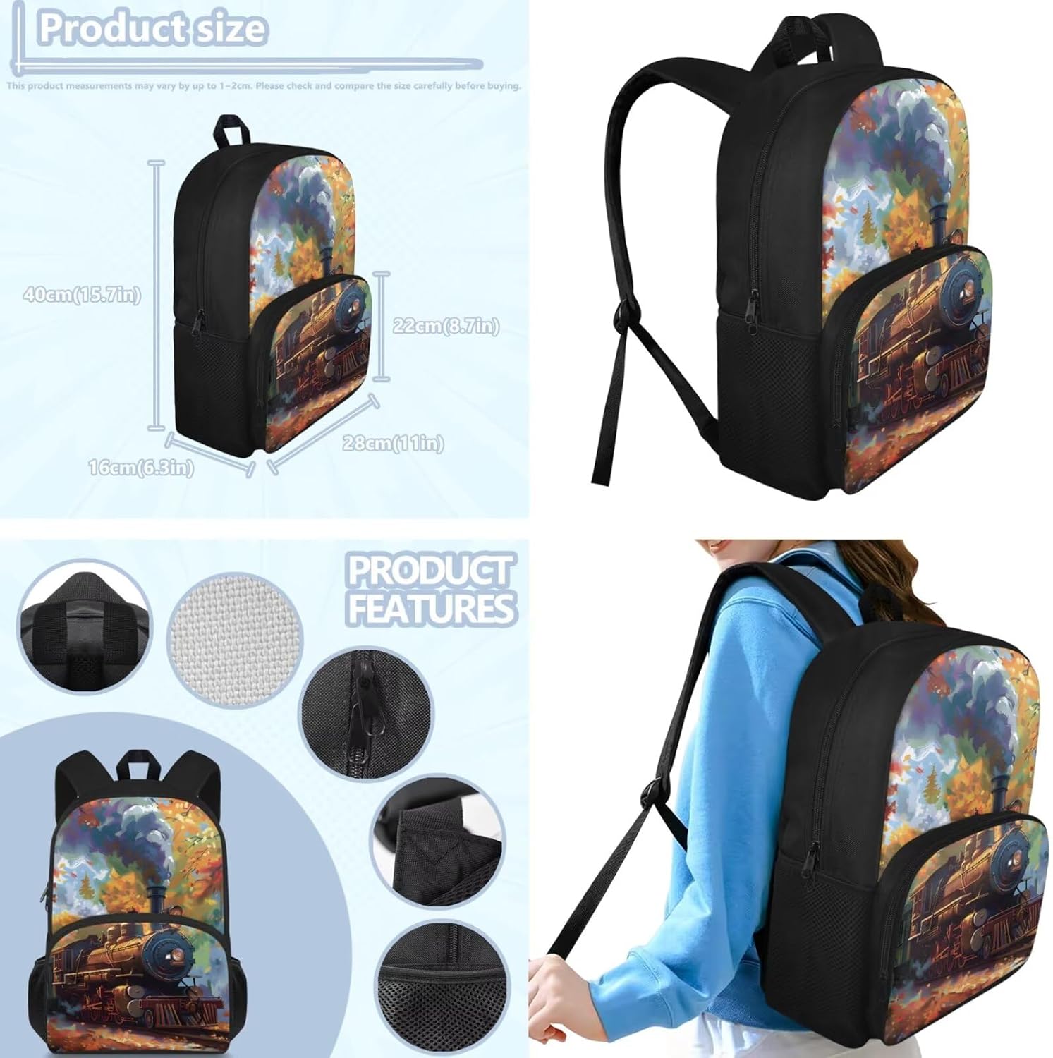 COEQINE Train Backpack for Boys 4-6 Toddler Vintage Train Elementary School Boys Bookbag Age 6 To 8 with Lunch Box Kids Boys School Bag Set 3 In 1 Preschool Shoulder Bag with Pencil Box Coin Purse