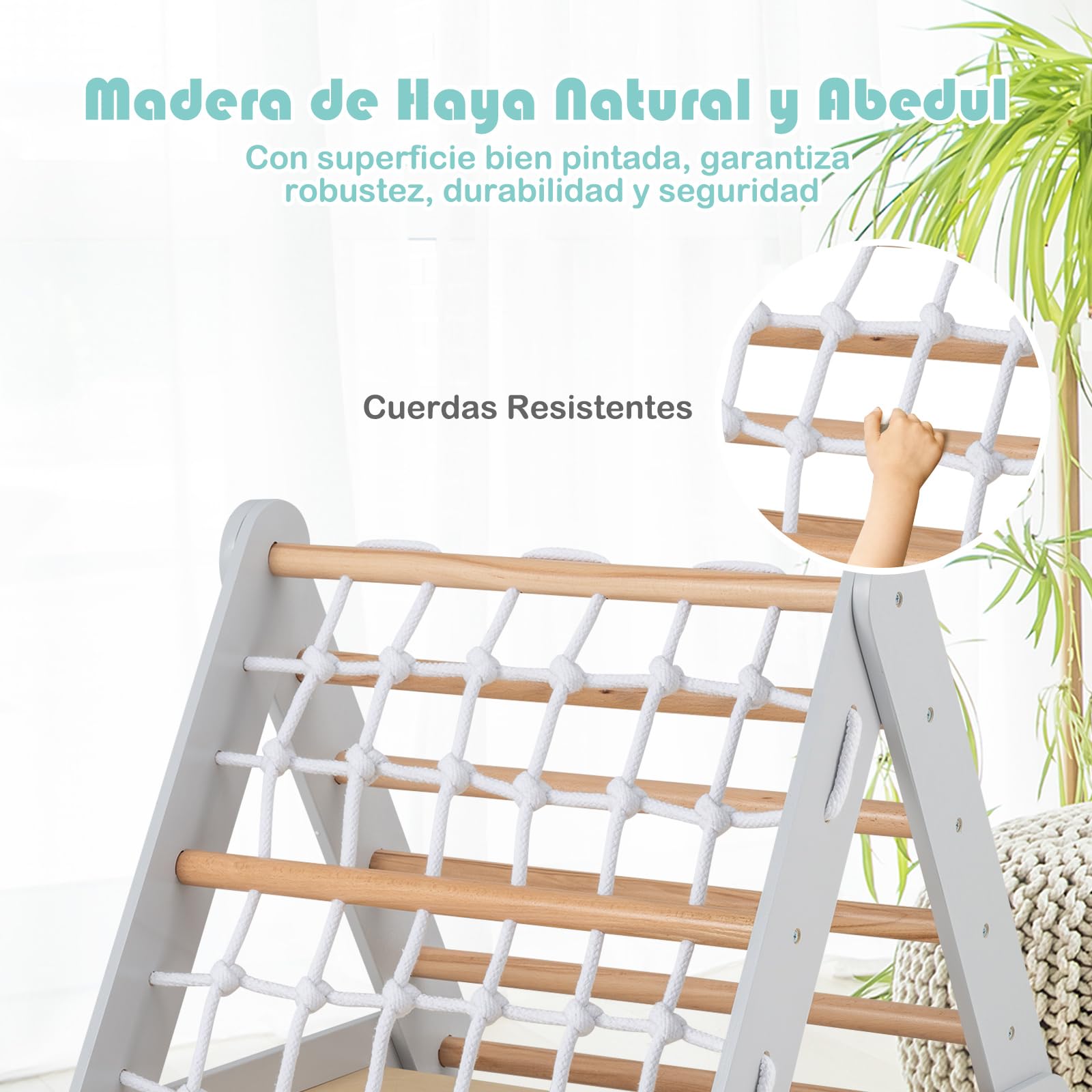 GOPLUS Triángulo de Escalada Montessori para Niños con Red de Escalada, Tabla y Escalera, Piedras con Tobogán, Capacidad de Carga 50KG, Zona de Juegos de Interior para bebés a Partir de 1 año (Gris)