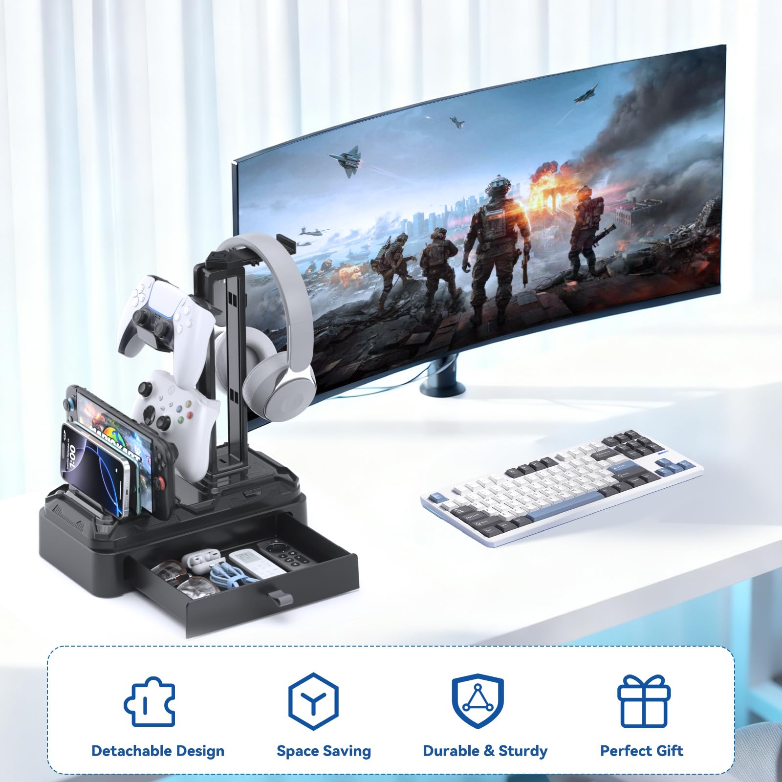 KDD Support Casque avec Tiroir - Porte Casque Rotatif & Manette Amovible pour Bureau - Organisateur Multifonctionnel avec Emplacement pour Téléphones, Tablettes - Accessoires Gaming