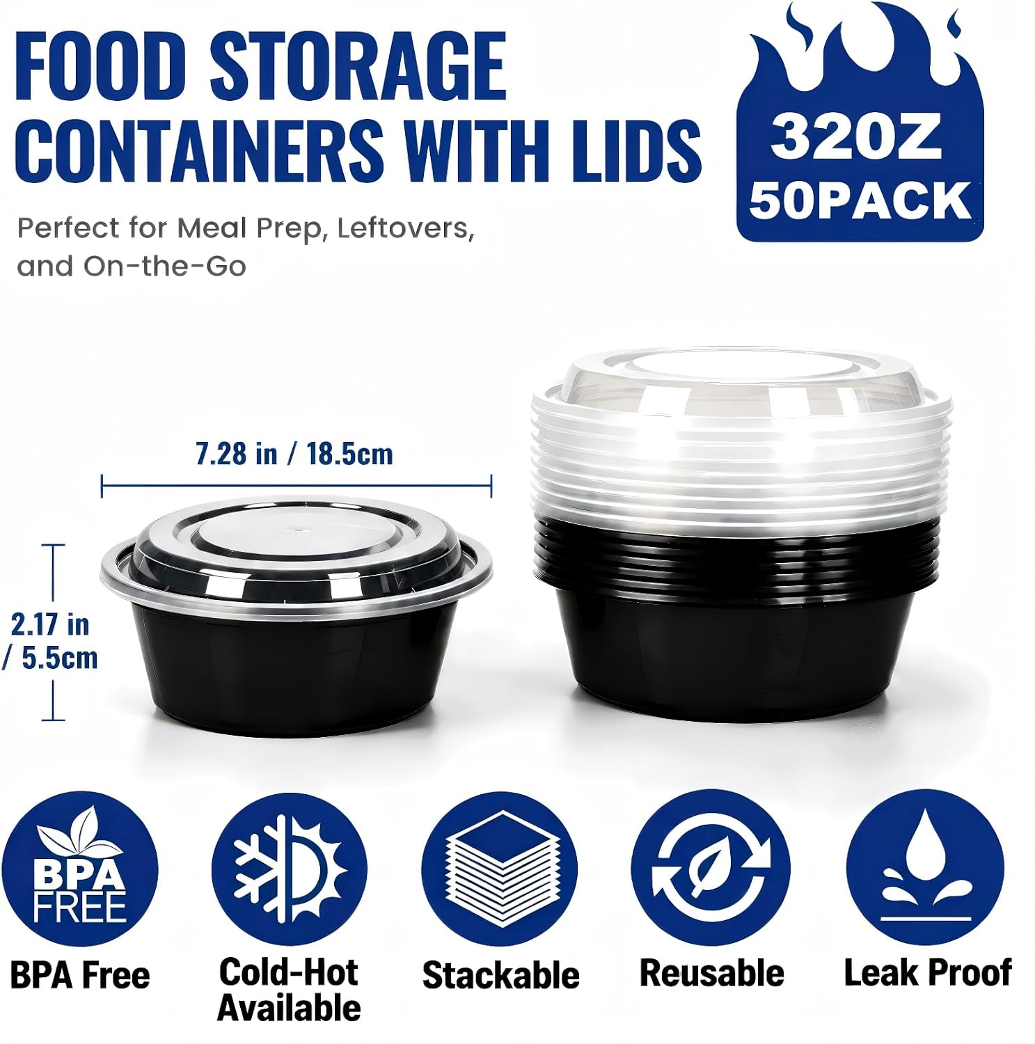 50 Pack 32oz Meal Prep Bowl Containers Reusable, Food Prep Bowls with Lids image 2