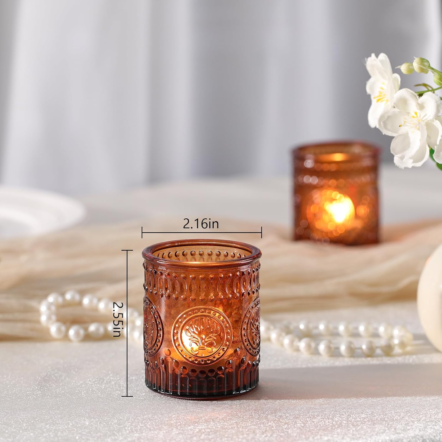 24 Pcs Amber Votive Candle Holders, Glass Tealight Candle Holders for Fall Home Decorations, Wedding Table Centerpiece, Birdal Shower, Party