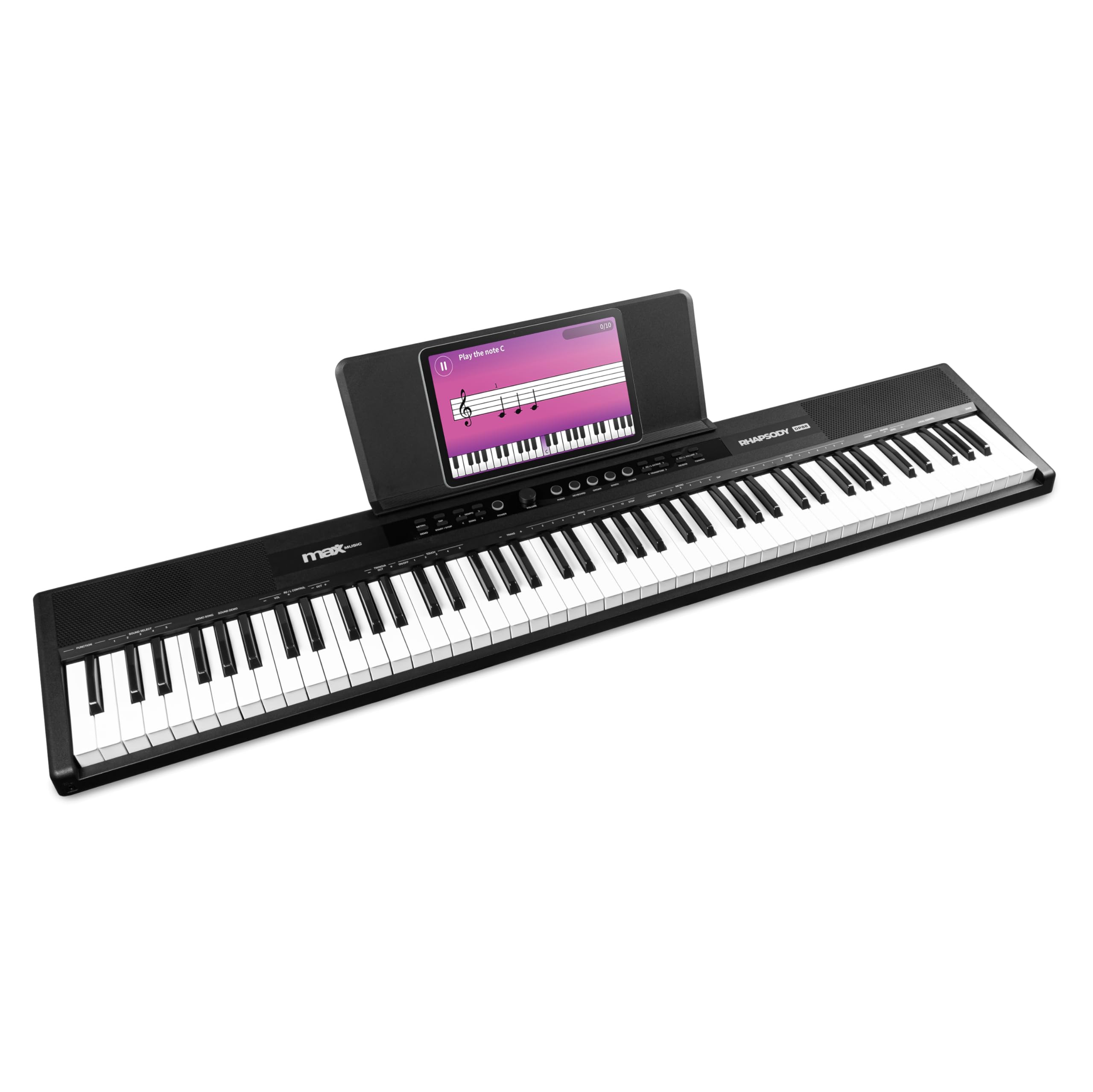 MAX Rhapsody DP88 Piano teclado digital de 88 teclas sensibles al tacto, altavoces estéreo, pedal sustain, 10 sonidos, ritmos, 26 canciones demo, efectos, conexión USB/Midi, soporte de partituras