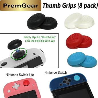 Super Mario - Mundo 3D + Bowser's Fury para Nintendo Switch, con empuñaduras para el pulgar PremGear (paquete de 8, azul, rojo y transparente), soporte para tarjetas de juego de 24 ranuras y