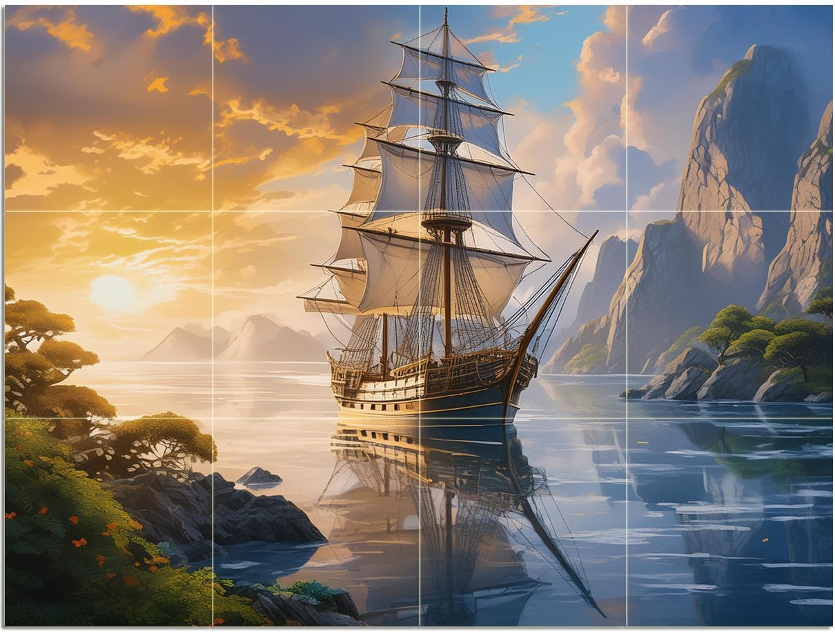 Tile Mural Sailing Ship Seascape Kitchen Bathroom Wall Backsplash Marble Ceramic - Picture 6 of 14