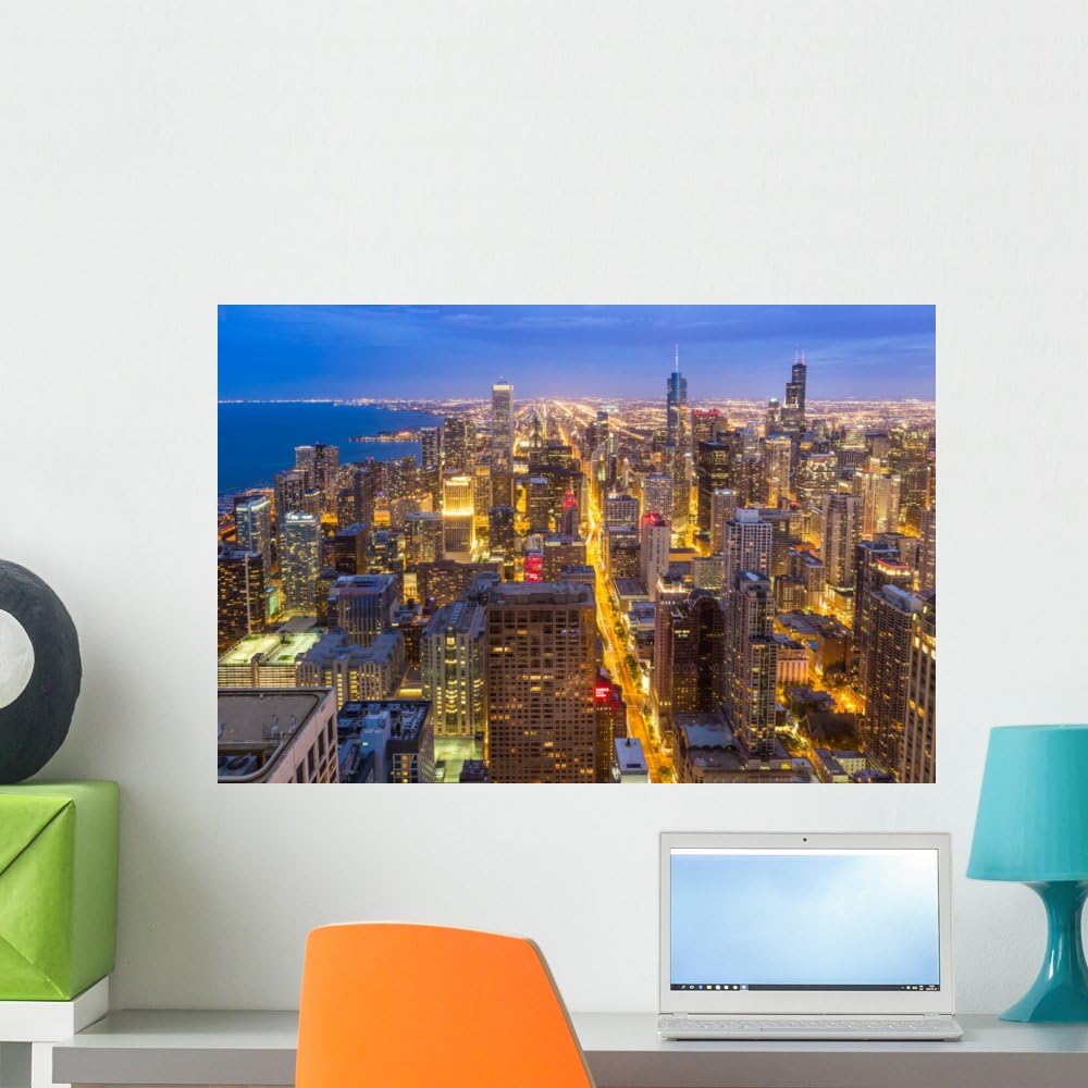 Wallmonkeys FOT-73188174-24 WM179942 Aerial View of Chicago Downtown Skyline at Night Peel and Stick Wall Decals, 24" W x 16" H-Medium