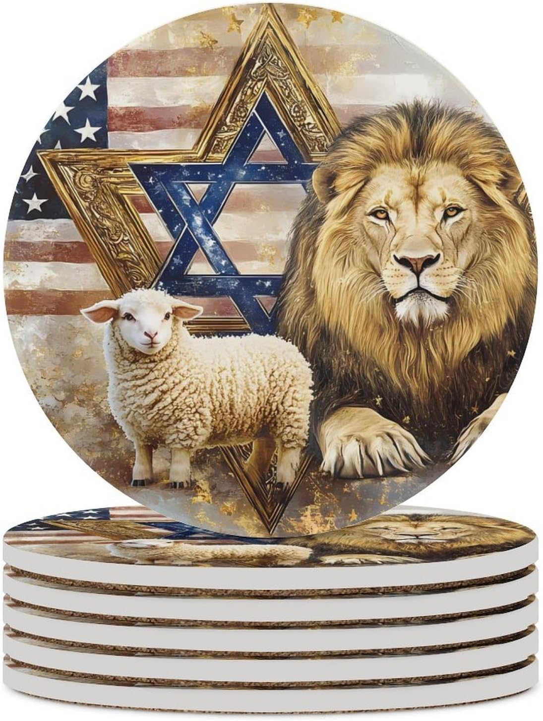 Lion and Lamb U.S. Israeli Flag Round Ceramic Coasters Print Drinks Absorbent with Cork Base for Home Decor Gifts 4 Inch