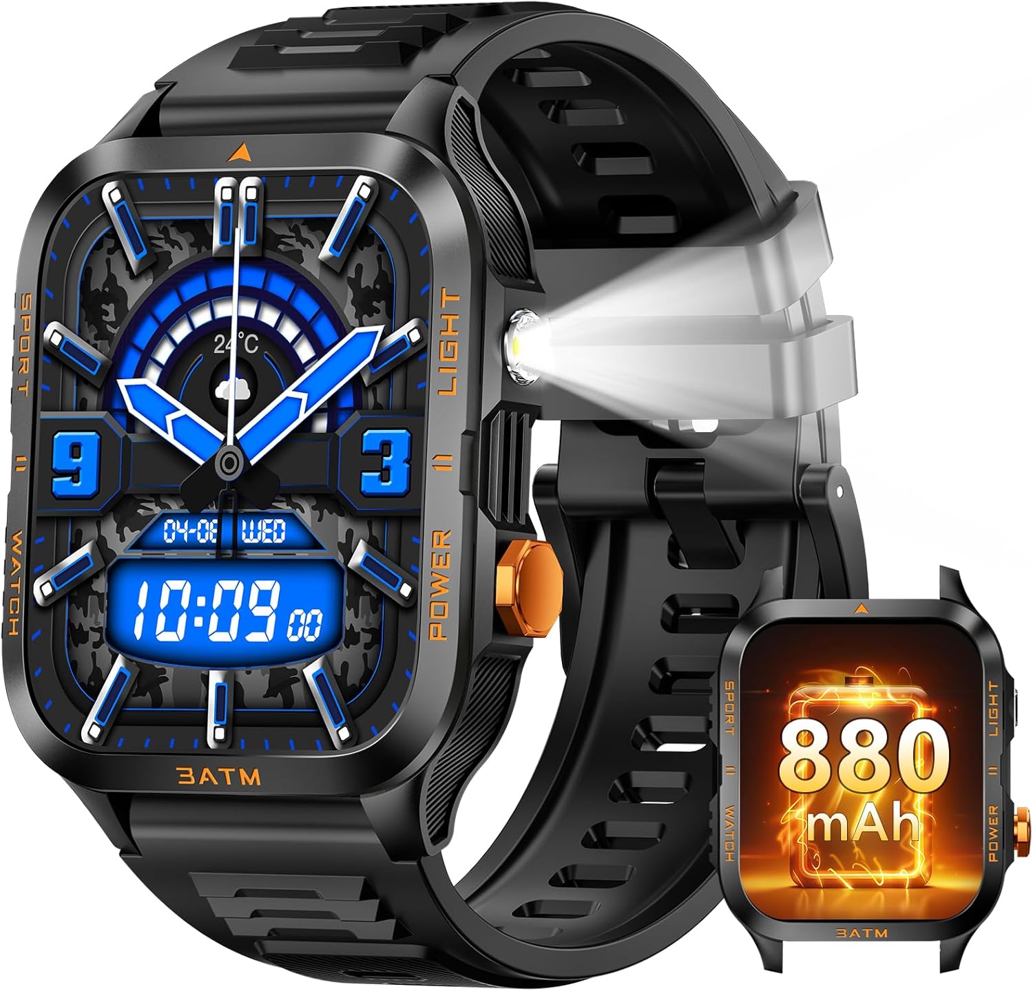 Military Smart Watches for Men (Answer/Make Call), 1.96″ HD Big Screen Rugged Tactical Smartwatch with LED Flashlight/880mAh/3ATM Waterproof, Fitness Tracker with HR/Sleep Monitor for iPhone Android