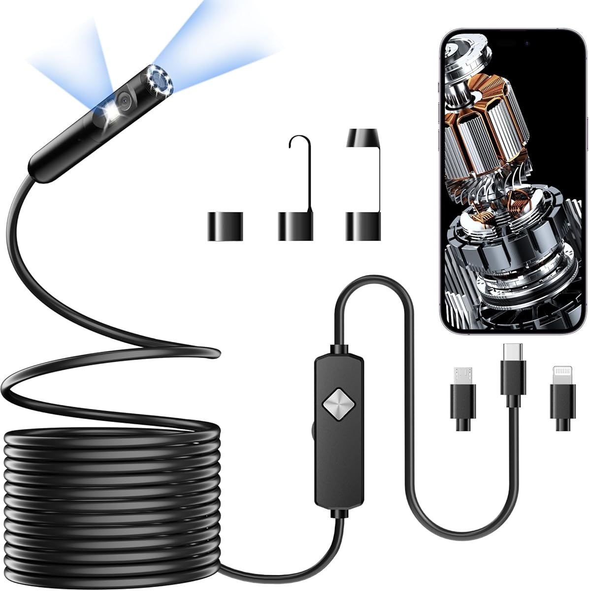 Endoscope with Light, 1920P HD Borescope with 8 Adjustable LED Lights, 16.4FT Semi-Rigid Snake Camera, IP67 Waterproof Inspection Tool for iPhone & Android - Dual Lens (Black)