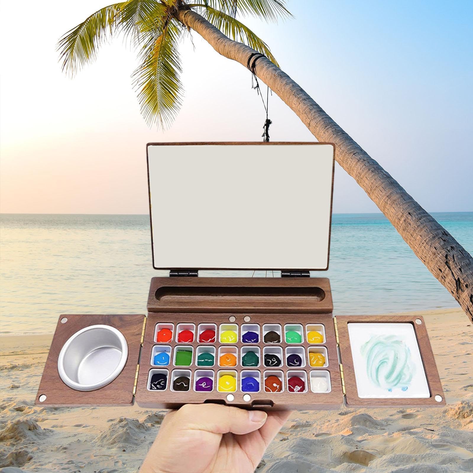 Perfeclan Caja de Pintura de Acuarela, Paleta de Pintura de Viaje Plegable para Pintar y Hacer Manualidades con área de Mezcla, Bandeja de Pintura de Madera,