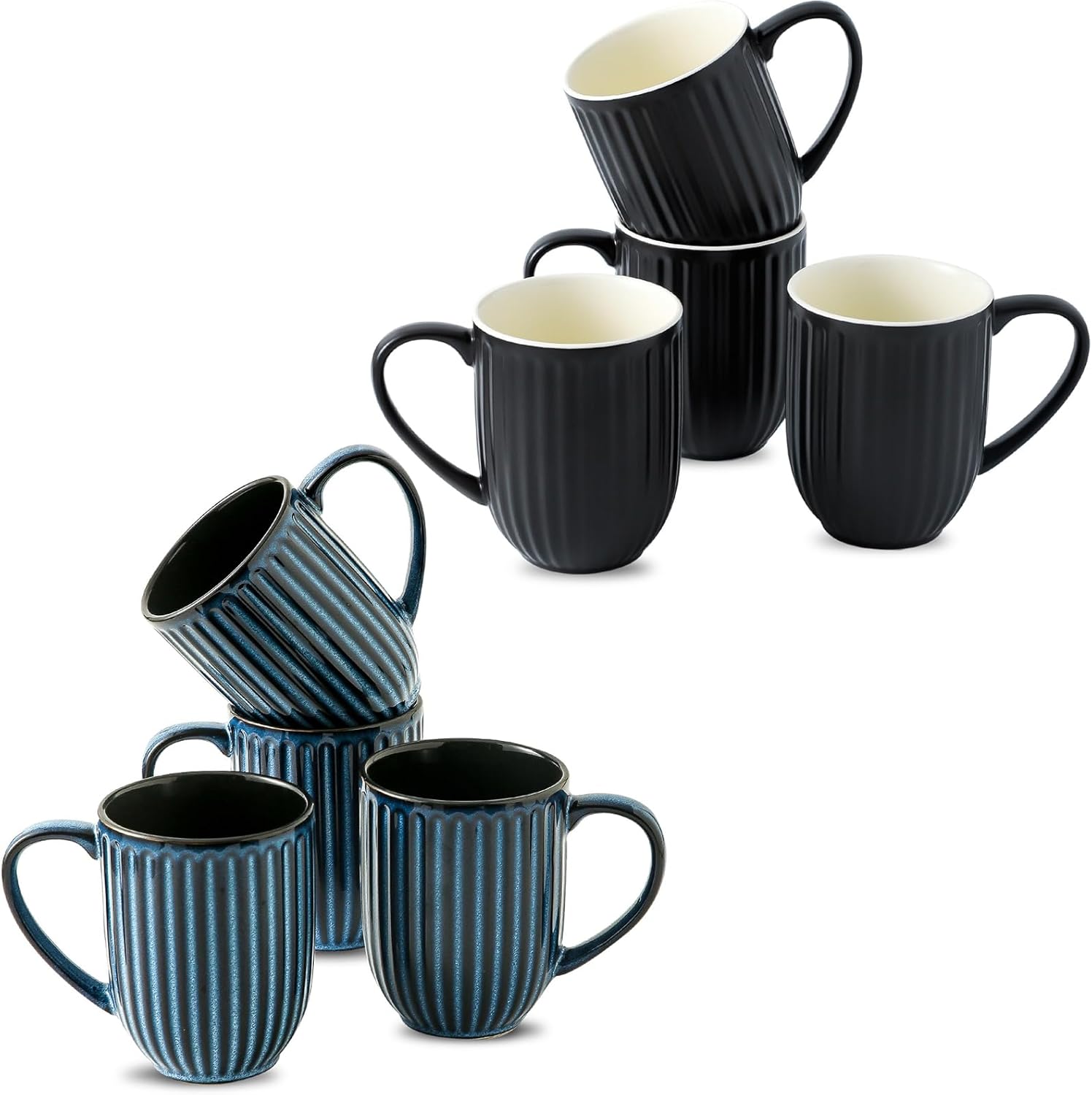 Hasense 16 Oz Ceramic Coffee Mugs Set of 8, Ribbed Latte Cup for Coffee and Tea, Black & Blue
