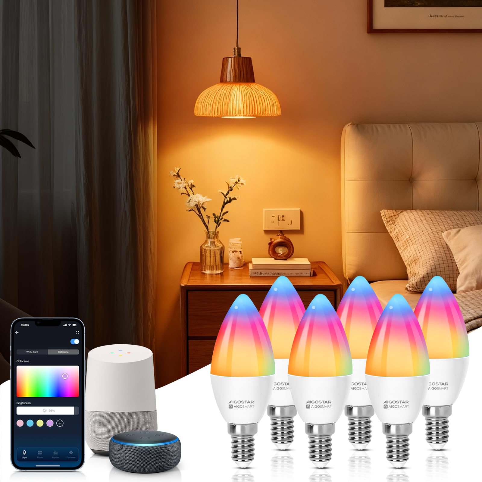 Aigostar Bombilla Inteligente E14 Bombilla Alexa LED 6.5W Bombillas Wifi RGB & 2700K-6500K Regulable, Sincronización con la música, Conexión rápida, compatible con Alexa y Google Home, 6 Unidades