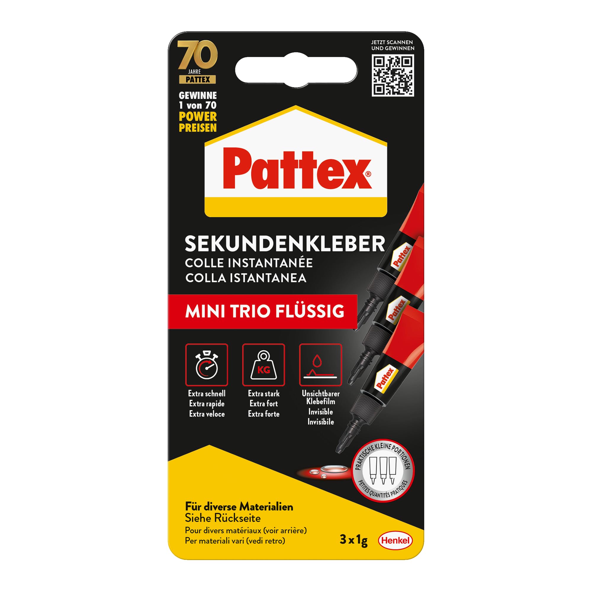 Pattex Sekundenkleber Flüssig Mini Trio, spülmaschinenfester Superkleber in 3 praktischen Tuben, schnelltrocknender farbloser Flüssigkleber, 3 x 1g, mehrfarbig