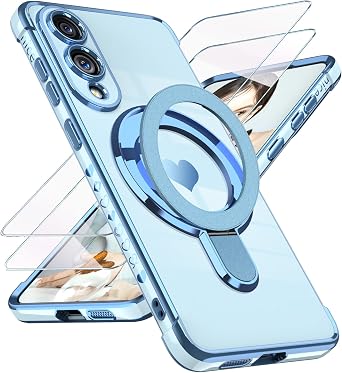 for Samsung Galaxy S25 Edge Case with Glass Screen Protector Luxury Plated Gold Edge Love Heart Pattern Kickstand Case,Soft TPU Shockproof Full Camera Protection Phone Case for S25 Edge Blue