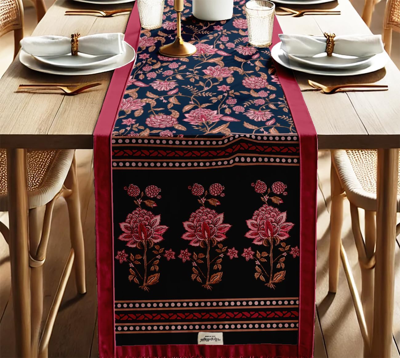 Handcrafted Double Layer Cotton Table Runner - Vargottam Fabric Table Linen with Border - Machine Washable, Stylish Runner for Dining & Console Tables - Floral