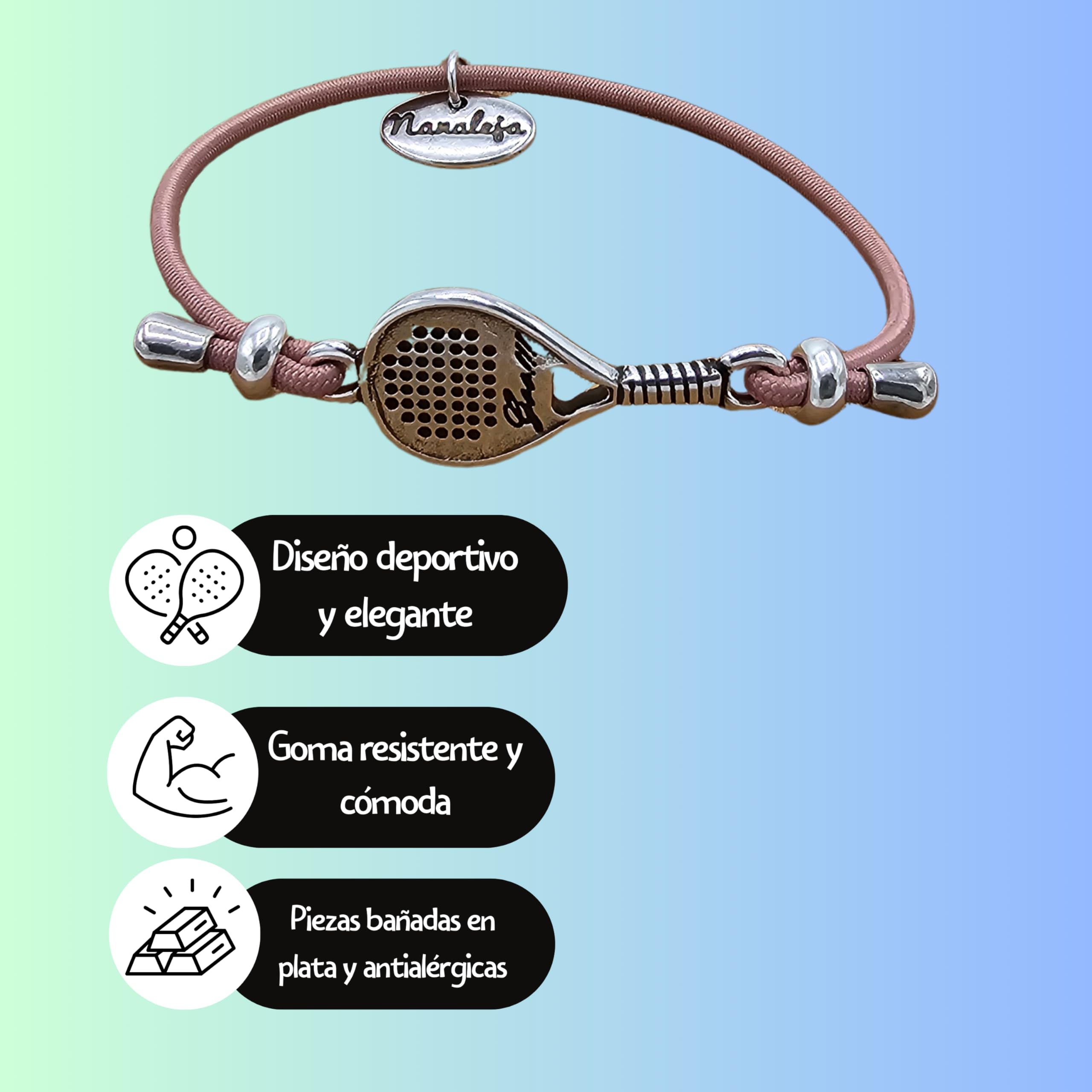 Pulsera raqueta padel Nanaleja goma rosa accesorios regalos originales hecha en España
