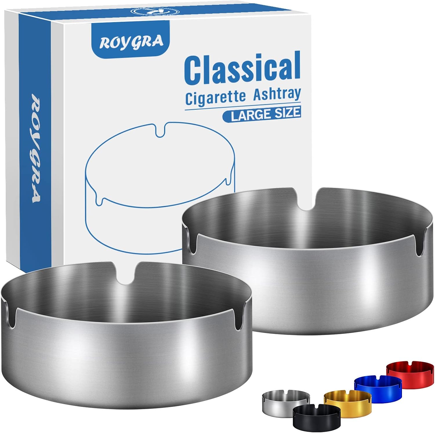 roygra Ashtray 2 Pack, Metal Ashtray - Silver, Large Size (3.94 x 3.94 x 1.34’’)