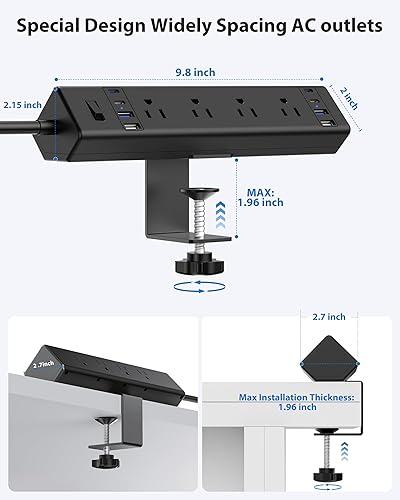 Miniatura 5 de Estación de carga rápida de 40 W, regleta de alimentación con abrazadera de escritorio 20 W USB C, 8 tomacorrientes, 8 puertos USB, 4 USB C y 4 USB