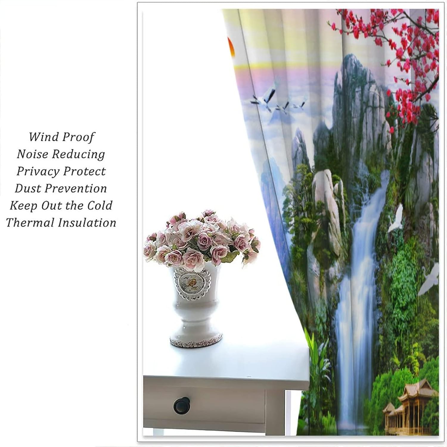 Waterfall Deocr Curtain, Surrounded Waterfall Rocky Lotus Fish Swan Landscapes Home Decor Windows Rod Pocket Curtain for Living Room Bedroom Kitchen Cafe Office Drapes 42" Wx54 L