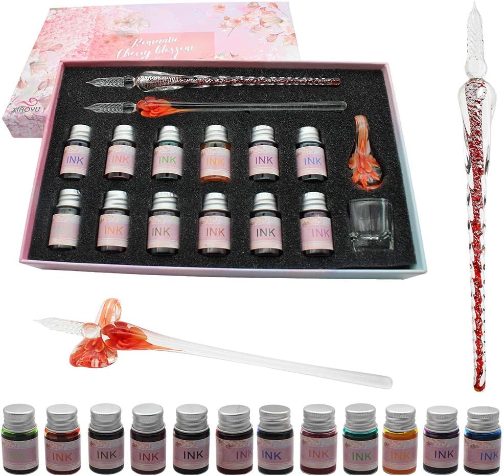XIAOYU Glass Dip Pen Ink Set, 16 Pieces Calligraphy Pens Set - 12 Colorful Inks, Pen Holder, Cleaning Cup, 2 Crystal Glass Pens for Writing, Signature - Orange