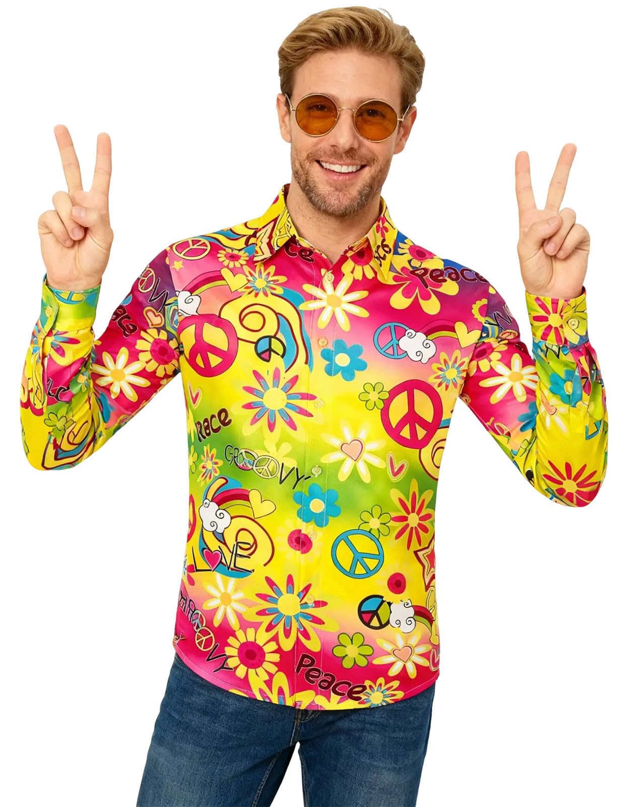 Camisa de años 70 60 Hippie para Hombre Manga Larga Flores Shirts