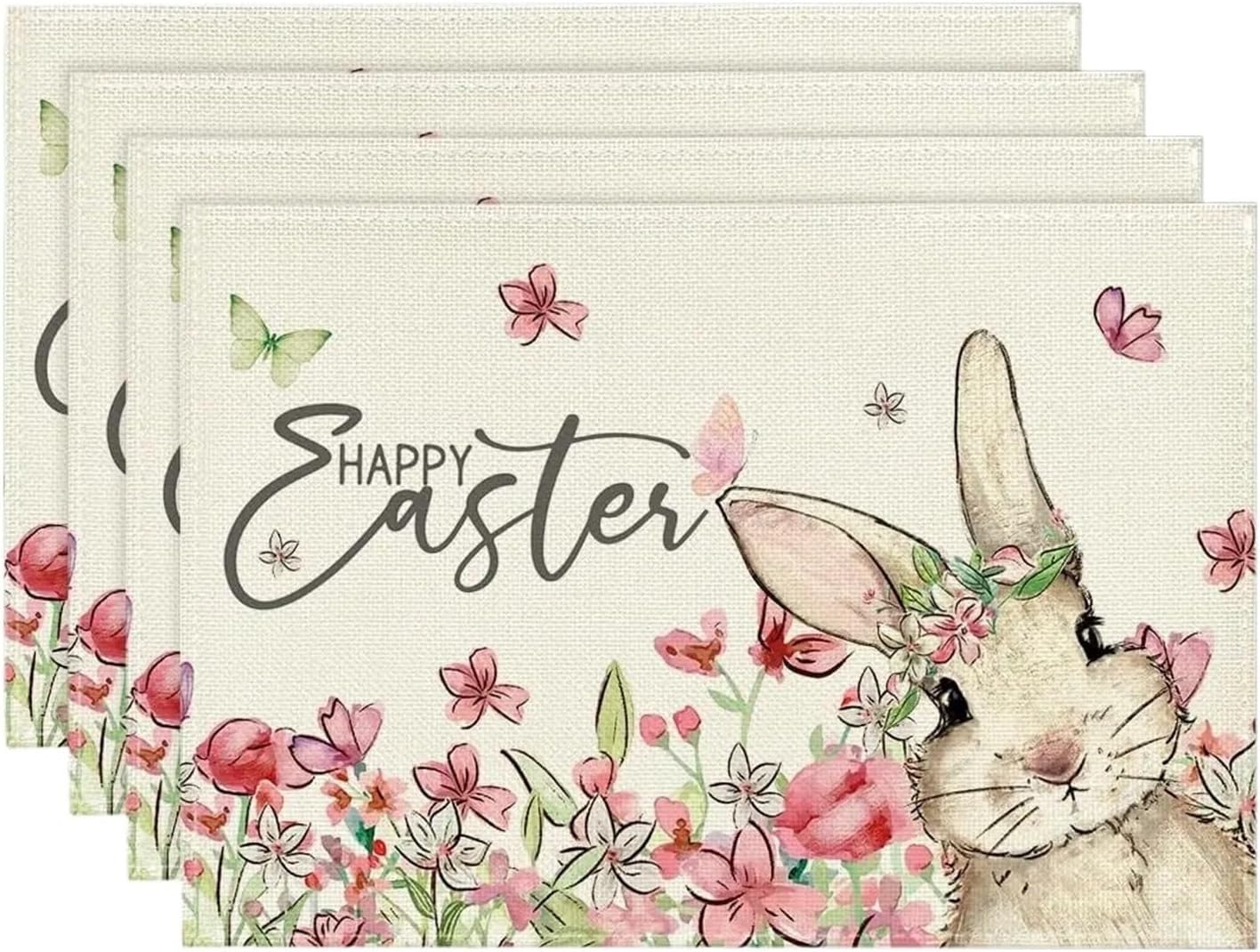 Floral Bunny Rabbit Easter Placemats Set of 4, 12x18 Inch Seasonal Spring Table Mats for Party Kitchen Dining Decoration(1p)