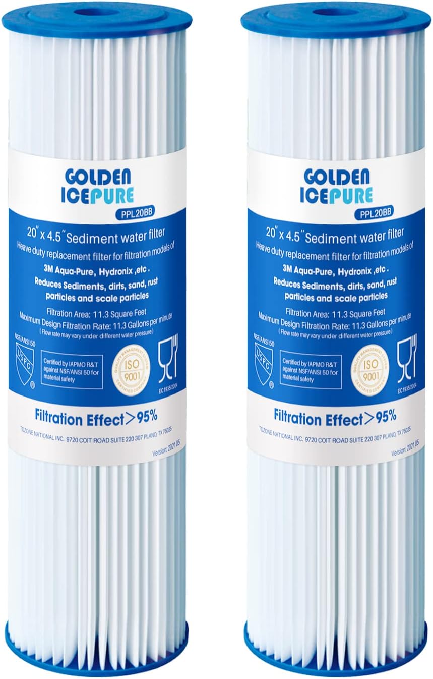 GOLDEN ICEPURE 5 Micron 20" x 4.5" Whole House Sediment Pleated Water Filter Compatible for ECP5-BB, AP810-2, HDC3001, SPC-45-1005, CP5-BB, ECP1-20BB, 2PACK