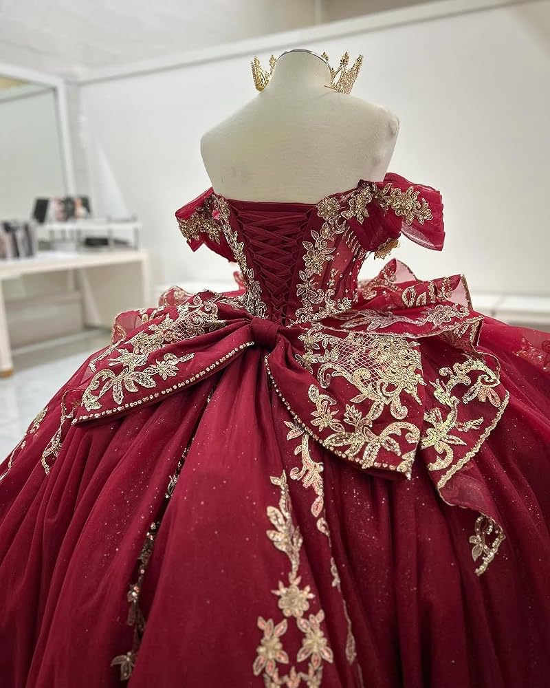Mauuwy Gold Applique Tulle Quinceanera Dresses Berry Glitter Beading