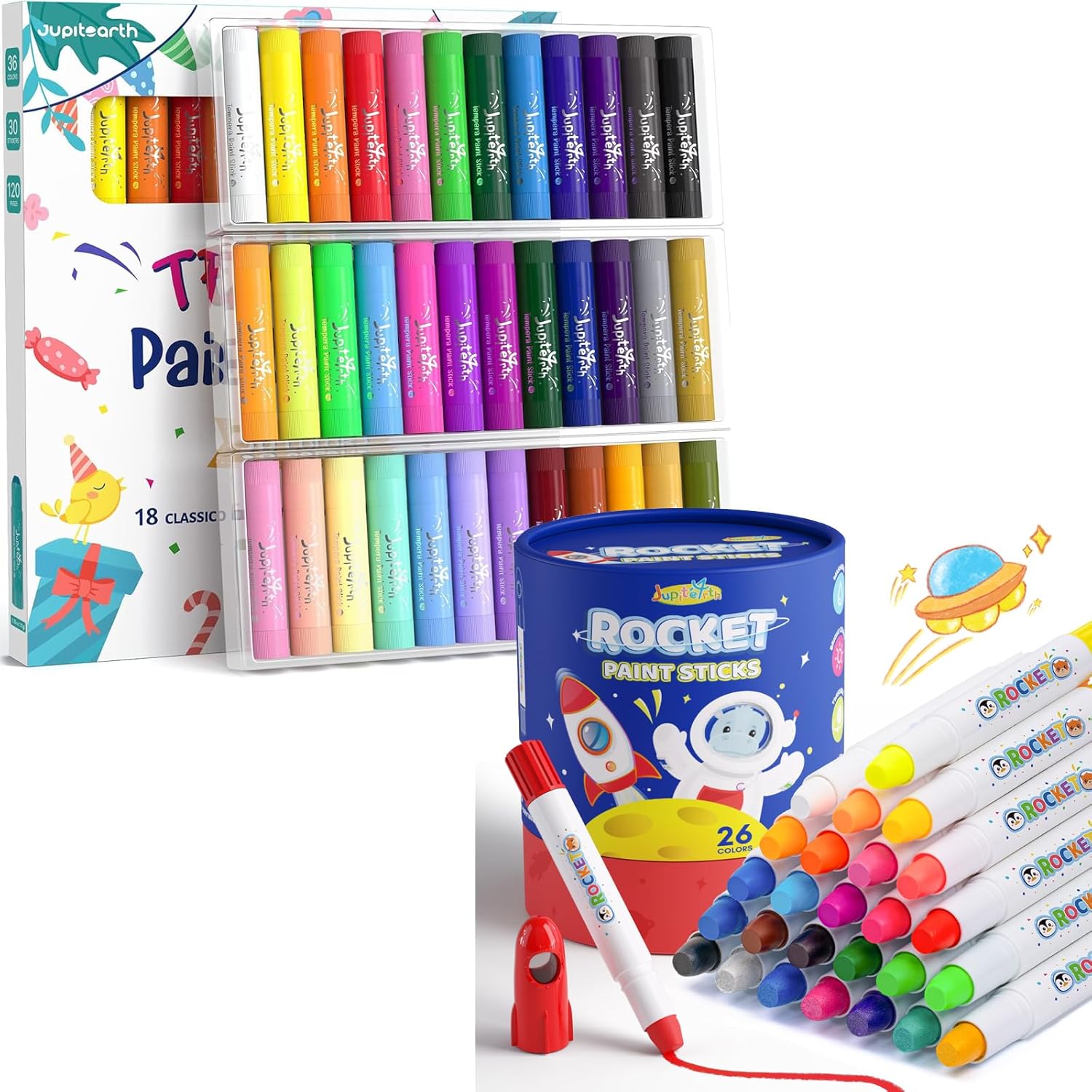 JUPITEARTH 36 Colors Tempera Paint Sticks+ 26 Colors Washable Rocket Tempera Paint Sticks for Kids