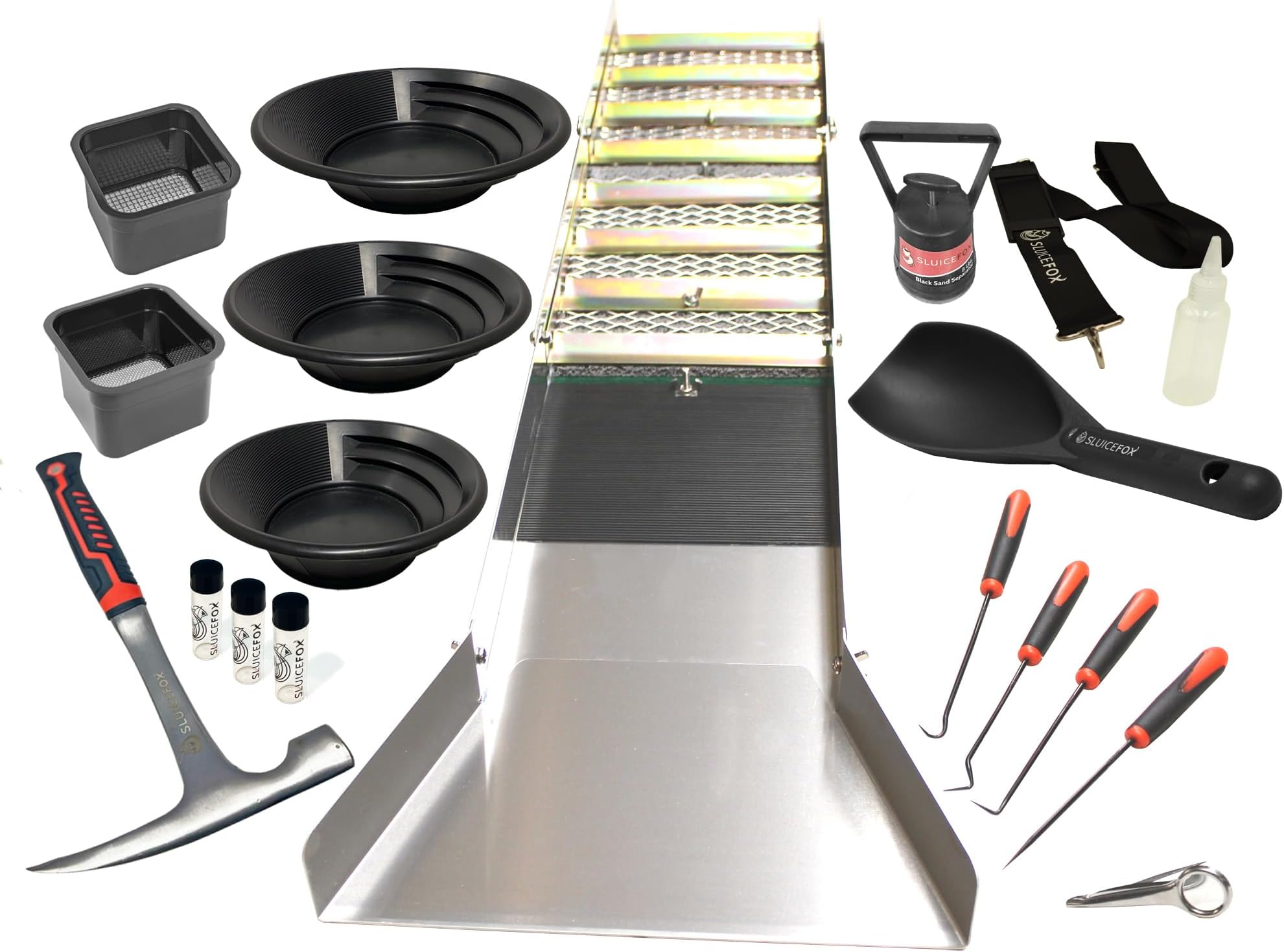 Production Gold Mining Kit with Crevice Tools; Folding 50 inch Gold Sluice Box; Gold Prospecting Equipment; Huntley Spoon; Gold Classifiers; Pay Dirt Scoop; Rock Pick Hammer, Digging Bar and More