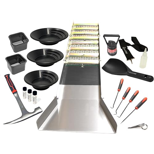 Complete Gold Mining Kit; Folding 50 inch River Sluice Box; Prospecting Equipment; Rock Pick Hammer; Gold Classifiers; Pay Dirt Scoop; Crevice Tools and More Gold Prospecting