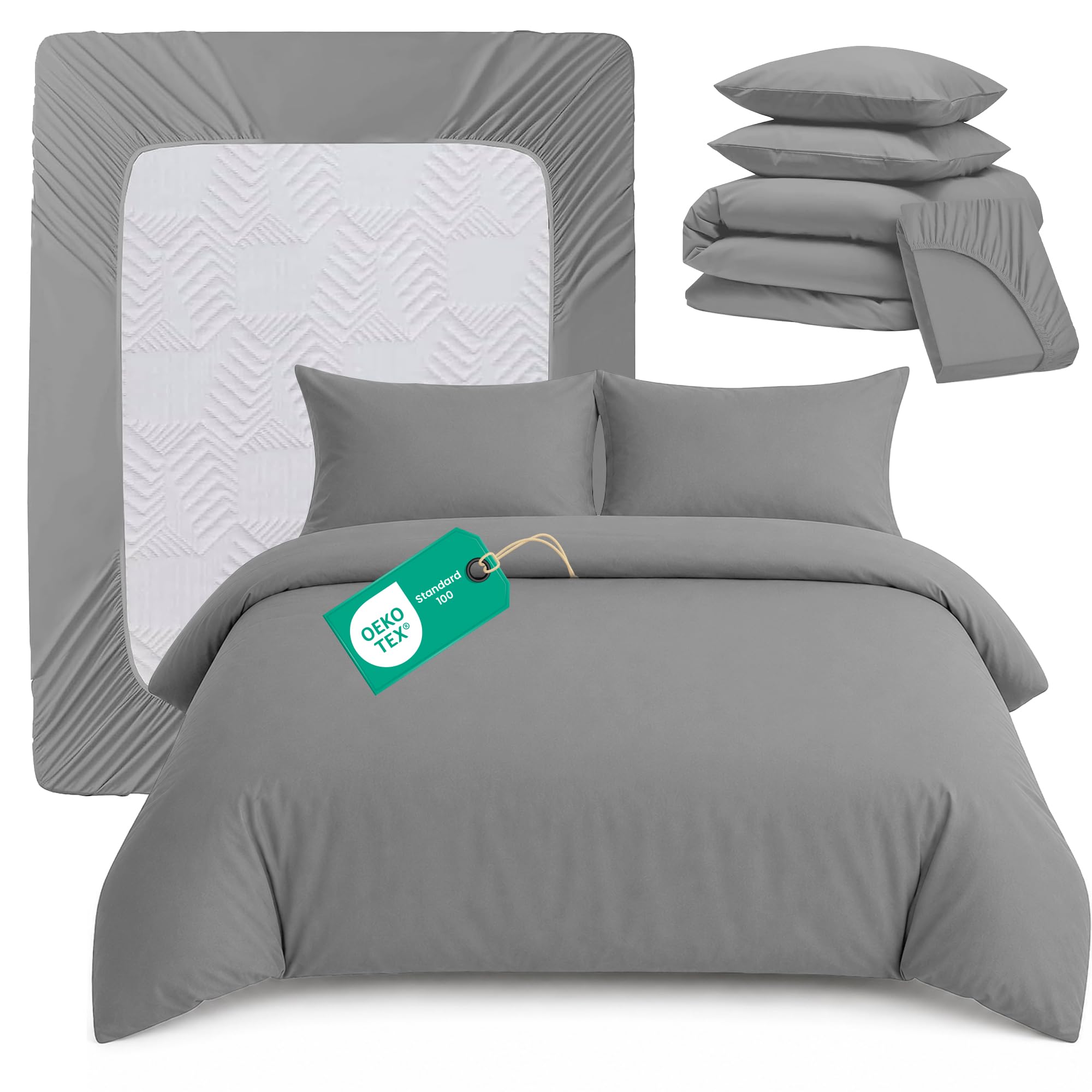 Linens World Super King Size Duvet Cover Set 4 Piece – OEKO-TEX Certified Ultra Soft Brushed Microfiber Bedding Set with 26cm Deep Fitted Sheet & 2 Pillowcases, Button Closure (Grey, 260 × 220 cm)