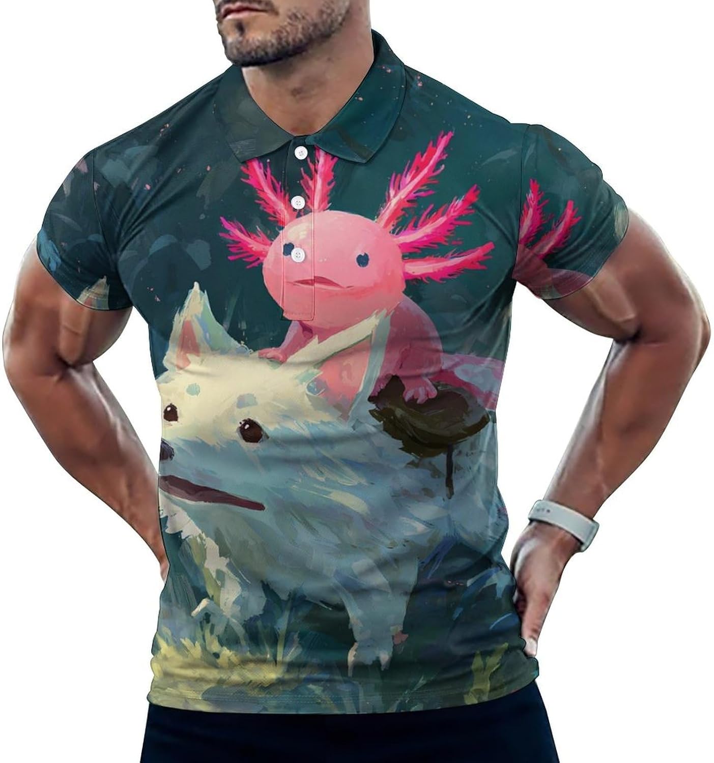 Axolotl Riding Wolf Golf Polo Shirts for Men Casual T Shirts 5X-Large