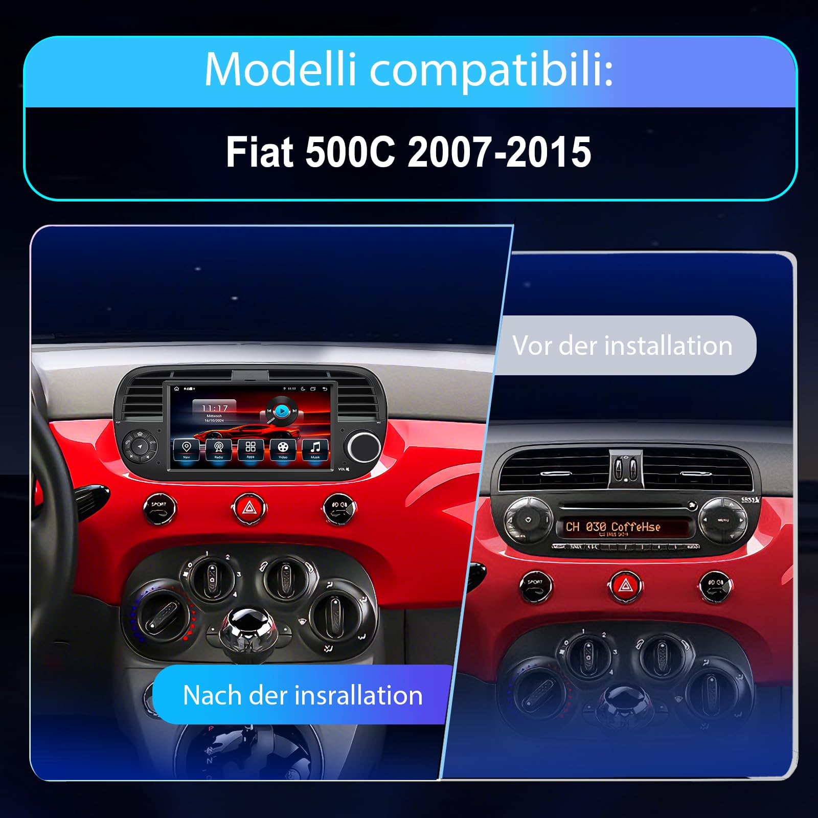 Autoradio Android 14 per Fiat 500C 2007–2015 7" Touchscreen IPS | Navigatore GPS | Wireless CarPlay Android Auto | Bluetooth 5.0 | DSP DAB+ WiFi USB OBD2 | Stereo 1 DIN con Canbus