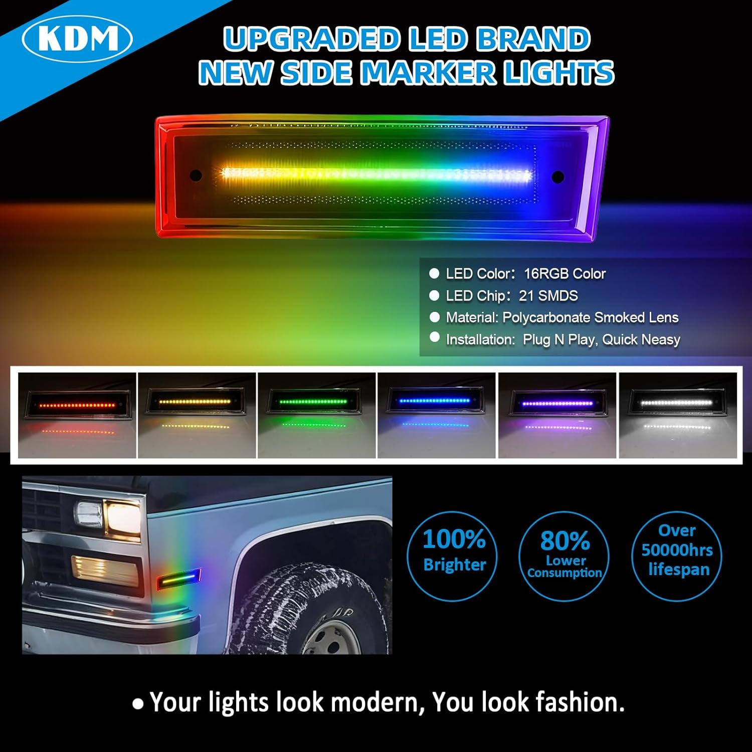 KDM RGB Full Led Smoked Lens Fender Side Marker Multi-Color Reflectors Lights, Fit for 1981-1991 Chevy C10 C20 C30 GMC C1500 C2500 Suburban Blazer Jimmy,Assembly Front Bumper Side Marker Lights,2Pack