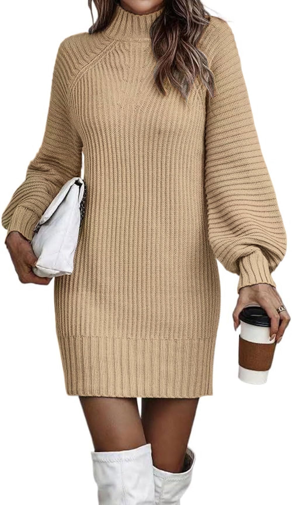 ELFIN Strickkleid Damen Rollkragen Langer Pullover Puff Ärmel Winter Pulloverkleid Freizeitkleid Langarm Strick Kleider Minikleid