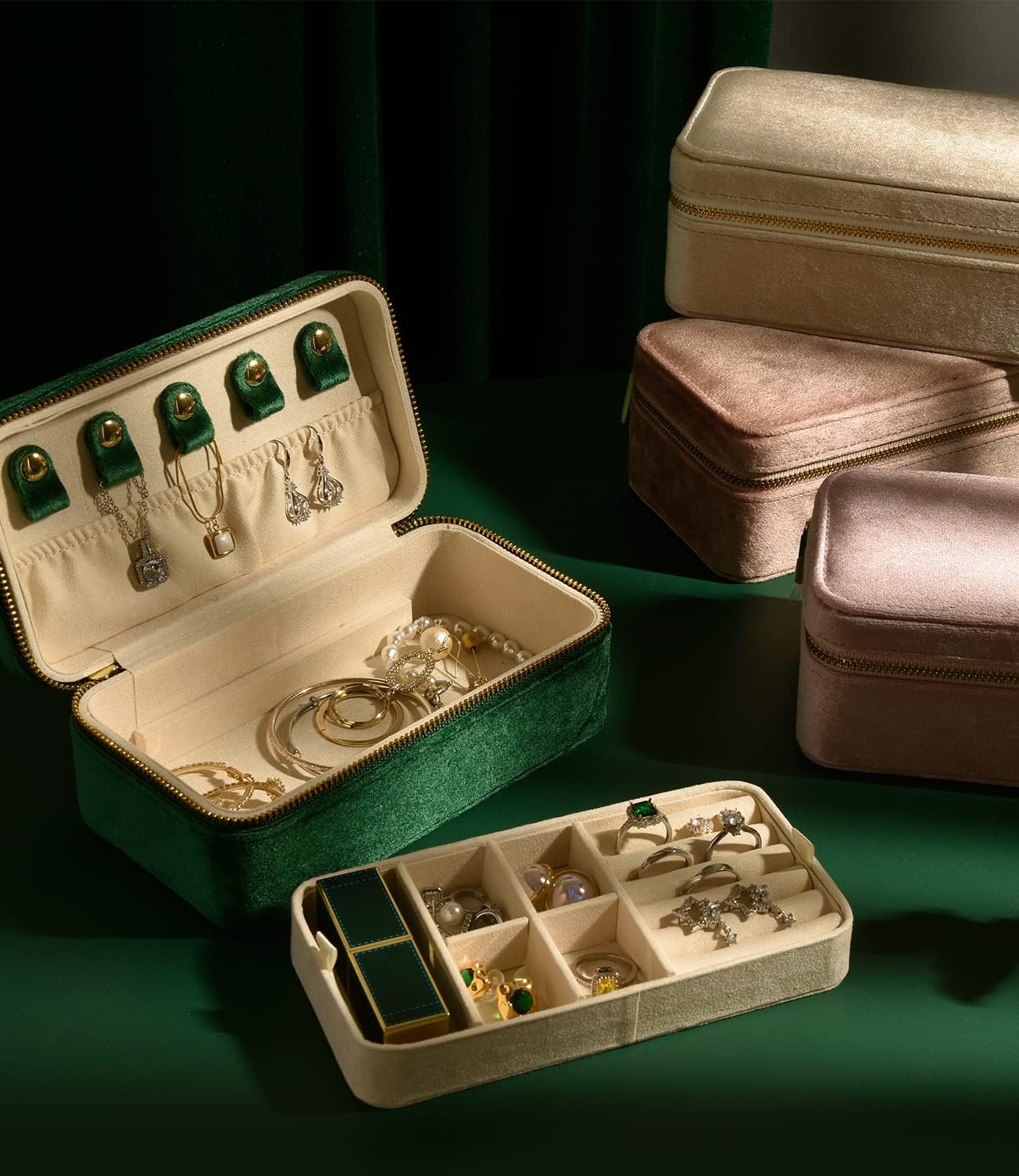 TAIMY Small Jewelry Box for Women, Velvet Travel Jewelry Organizer, Portable Travel Jewelry Case Ring Earrings Necklace Bracelet Storage Holder Display(Pink)