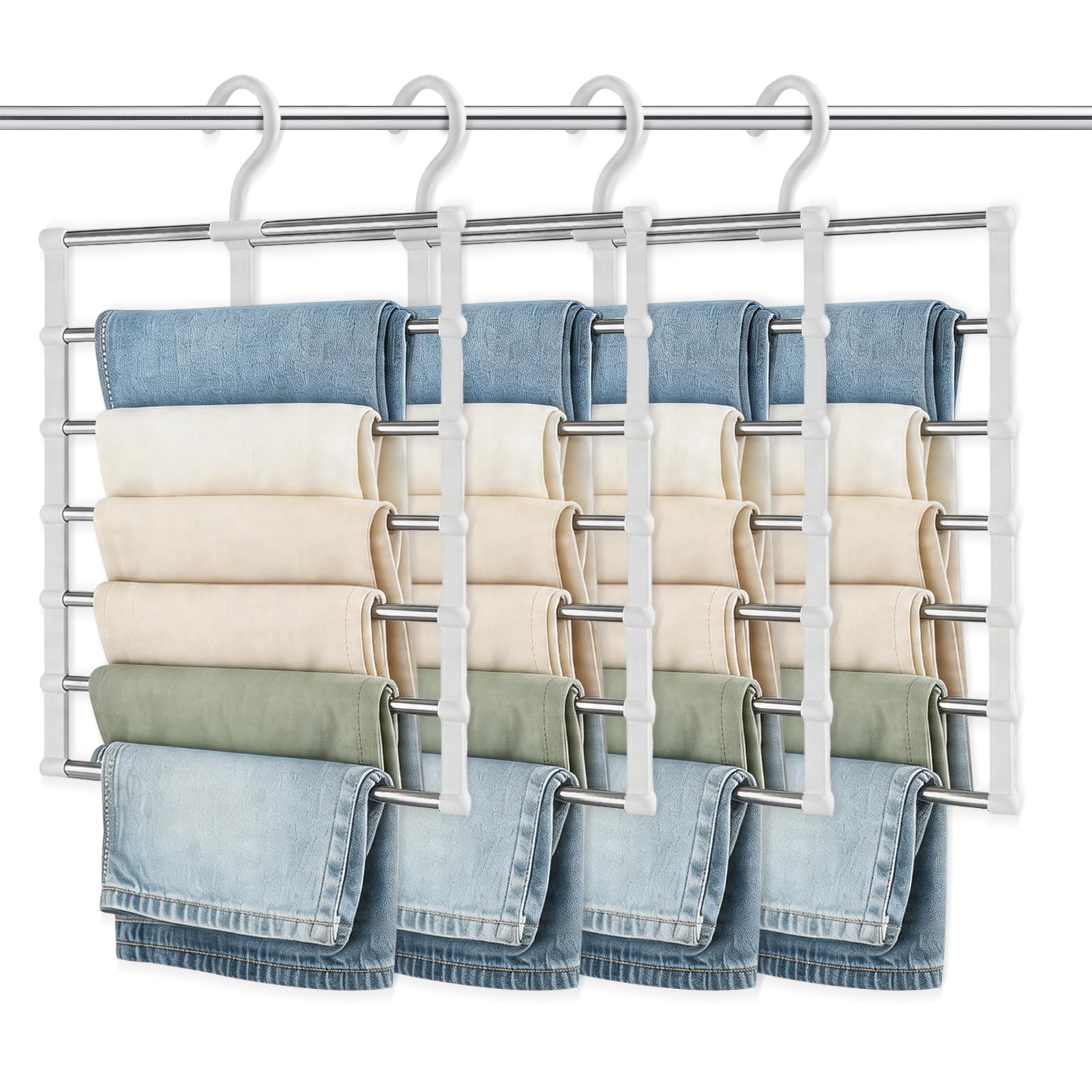 4 Pack 6-Layer Trouser Hangers Space Saving, Multifunctional Closet Organiser with 360° Rotatable Hook, Hanger for Clothes Space Savers for Jeans, Trousers, Skirts, Scarves, Towels and Belts