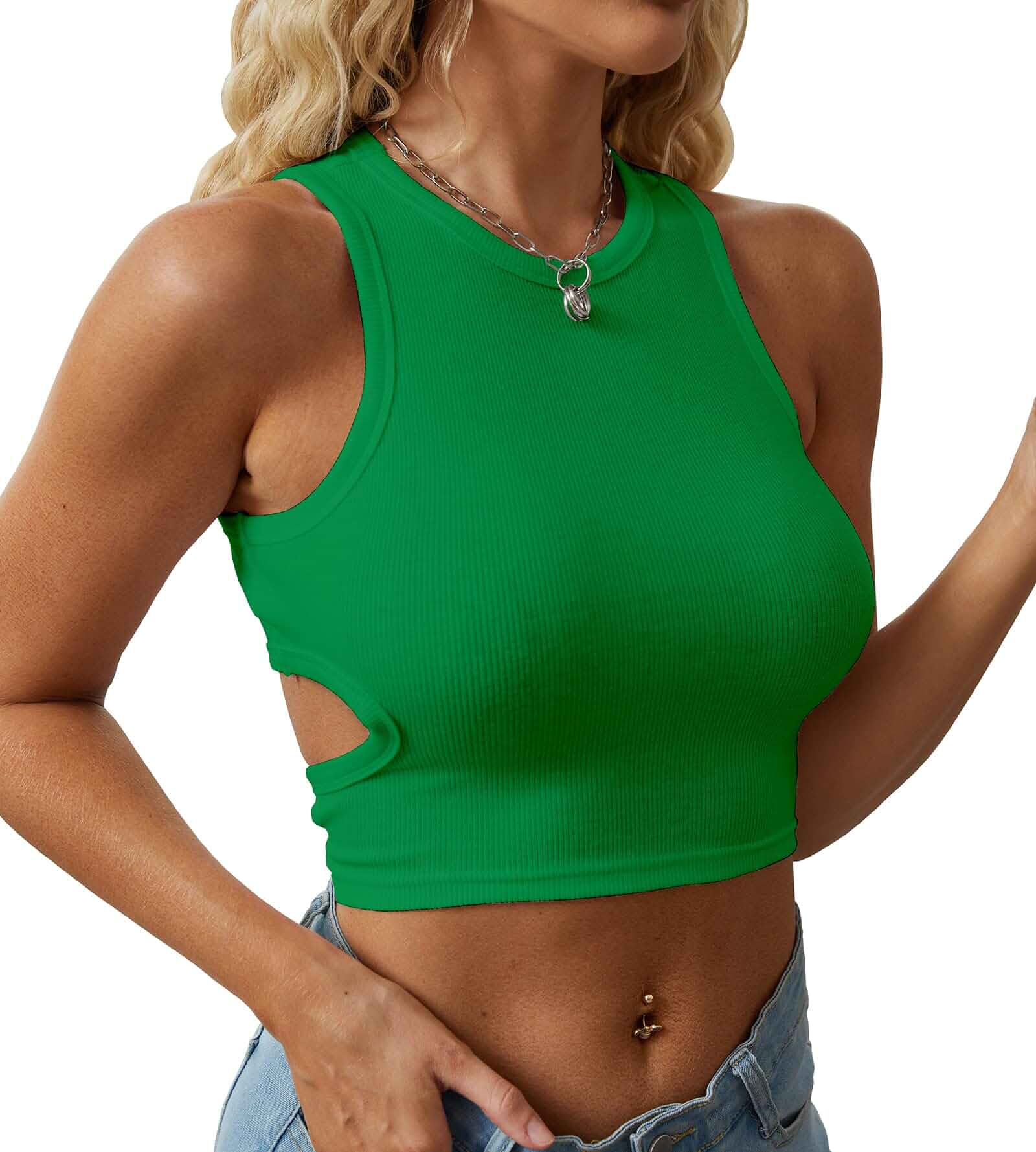Dwnval Womens Cut Out Racerback Ribbed Knited Crop Tank Top Trendy Crew Neck Halter Y2K Clothes 2026 Summer Cute Going Out Tops