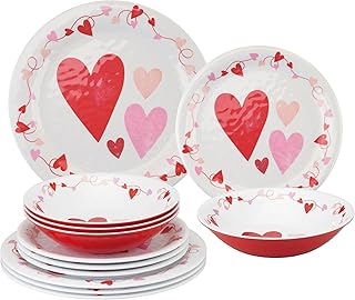 UPware 12 Piece Love Hearts Melamine Dinnerware Sets, Outdoor Dishes Set, Plates and Bowls Sets, Valentine's Day Decorations, Service for 4, Red