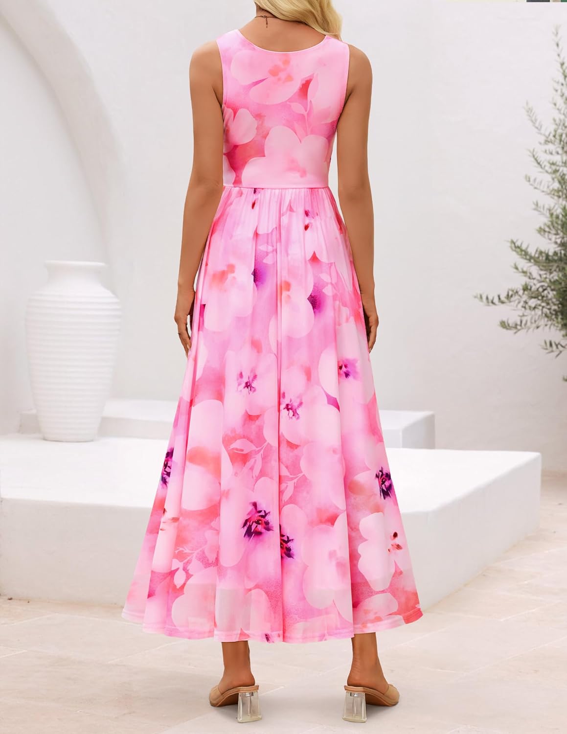 ZESICA Women's Summer Sleeveless Floral Maxi Dress 2026 Casual Crewneck Mesh A Line Flowy Boho Beach Party Long Dresses - Image 7