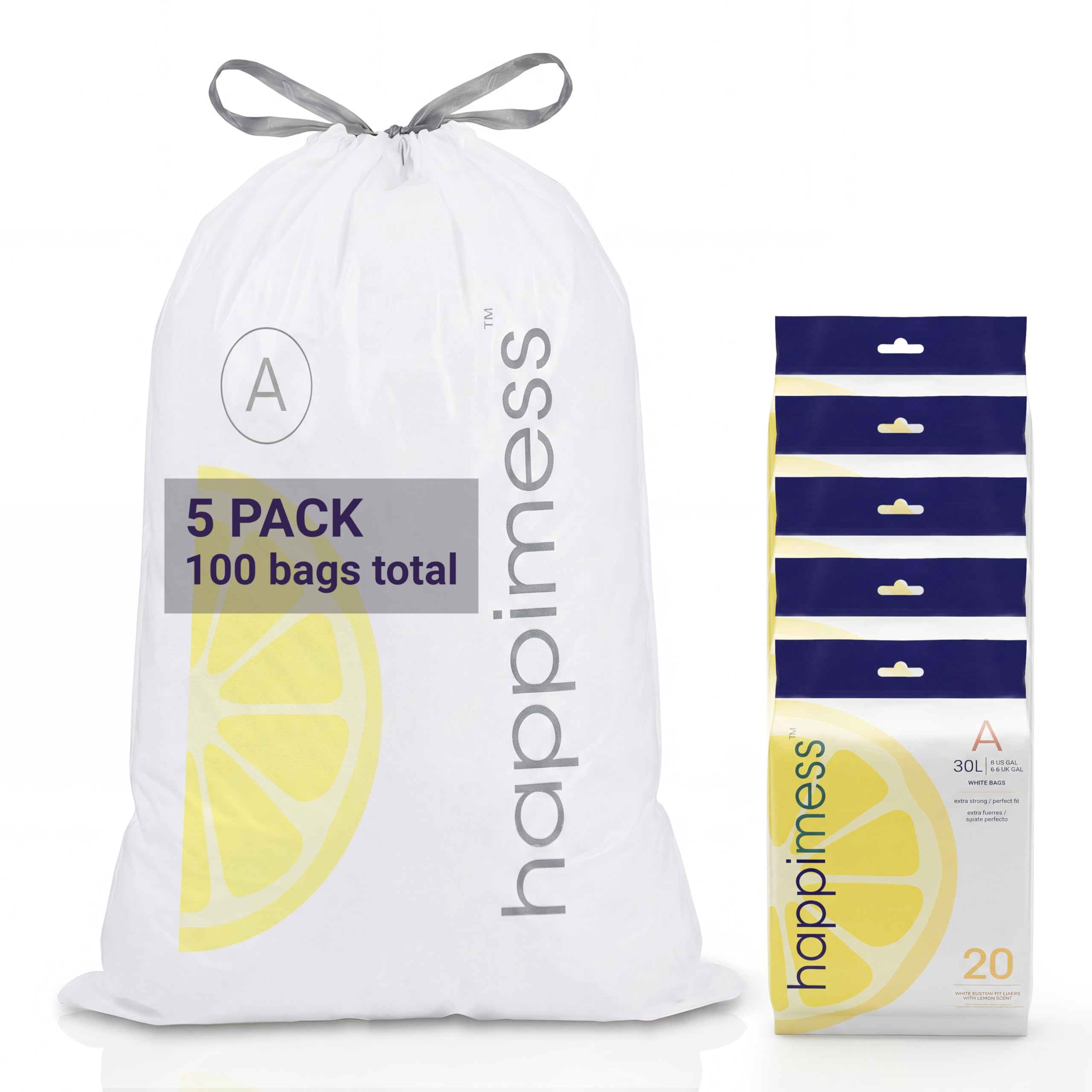 happimess White (Lemon Scented) / 100 Count (Pack of 1) / 8.0 gallons Trash Bags