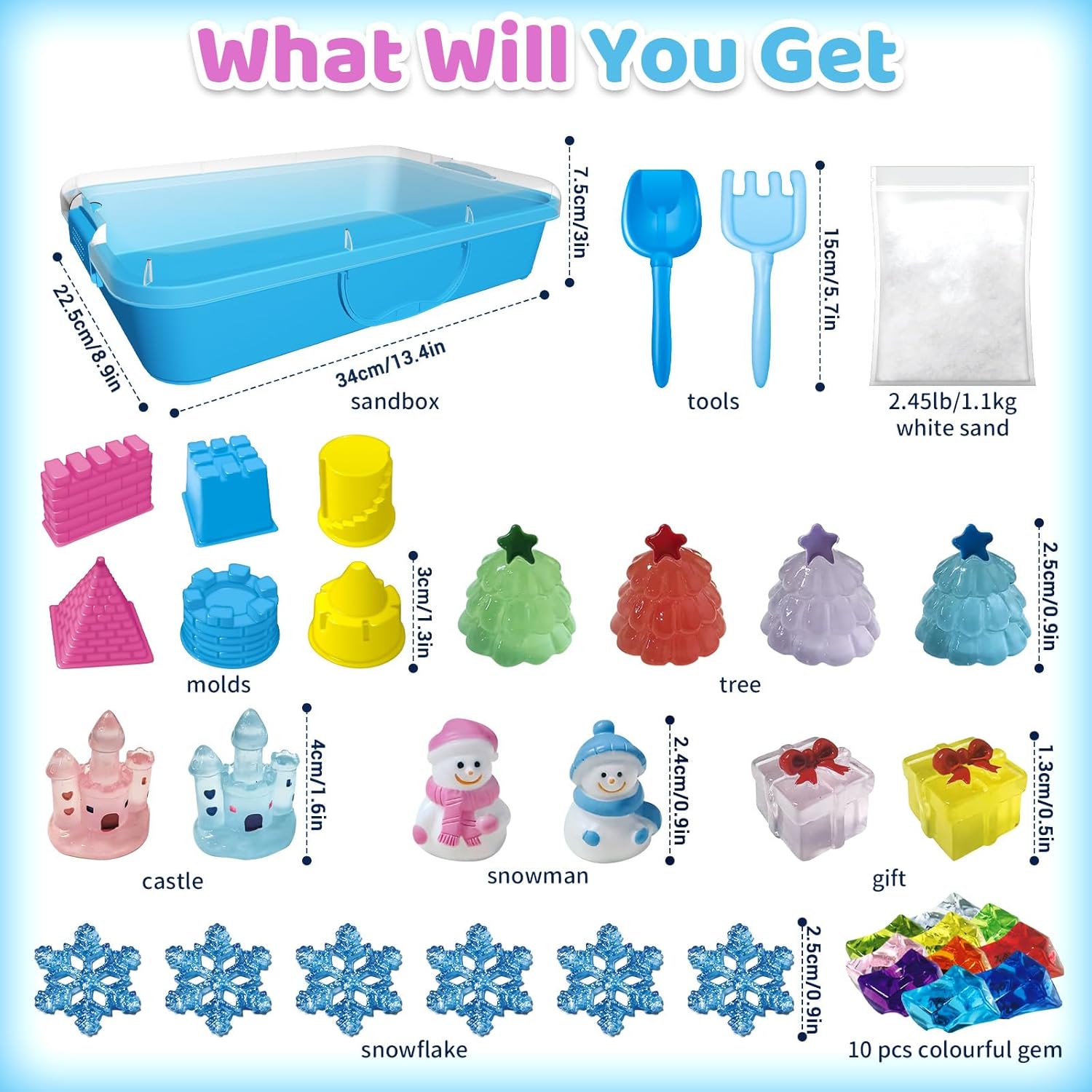 Aocii Kids Sensory Bin Sand Kit, Winter Fairy Tale Theme Sand Play Set, Toddlers Sandbox, Role Pretend Play Snowfield Toy Christmas Birthday, Gift for Girls Boys 3 4 5 6 7 8 9 Years