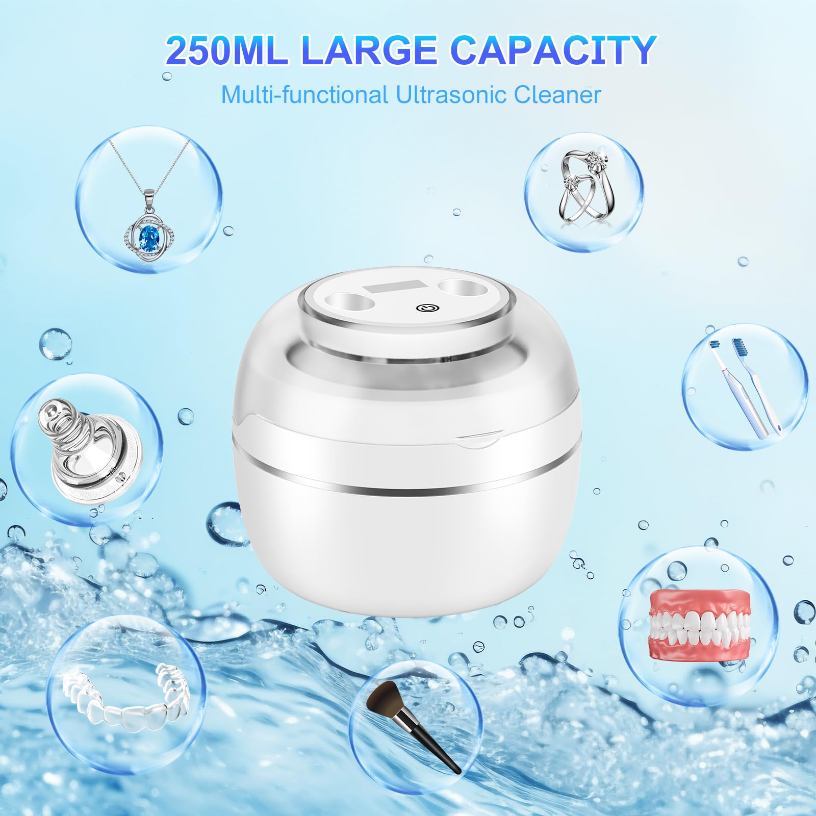 Nettoyeur Ultrasons 50000Hz Bac Ultrasons avec Lampe UV et 4 Modes, 250ML Ultrasonic Retainer Cleaner Dental Pod Dentaire pour Prothèses Dentaires, Gouttière Dentaires, Retainer, Bijoux, Blanc