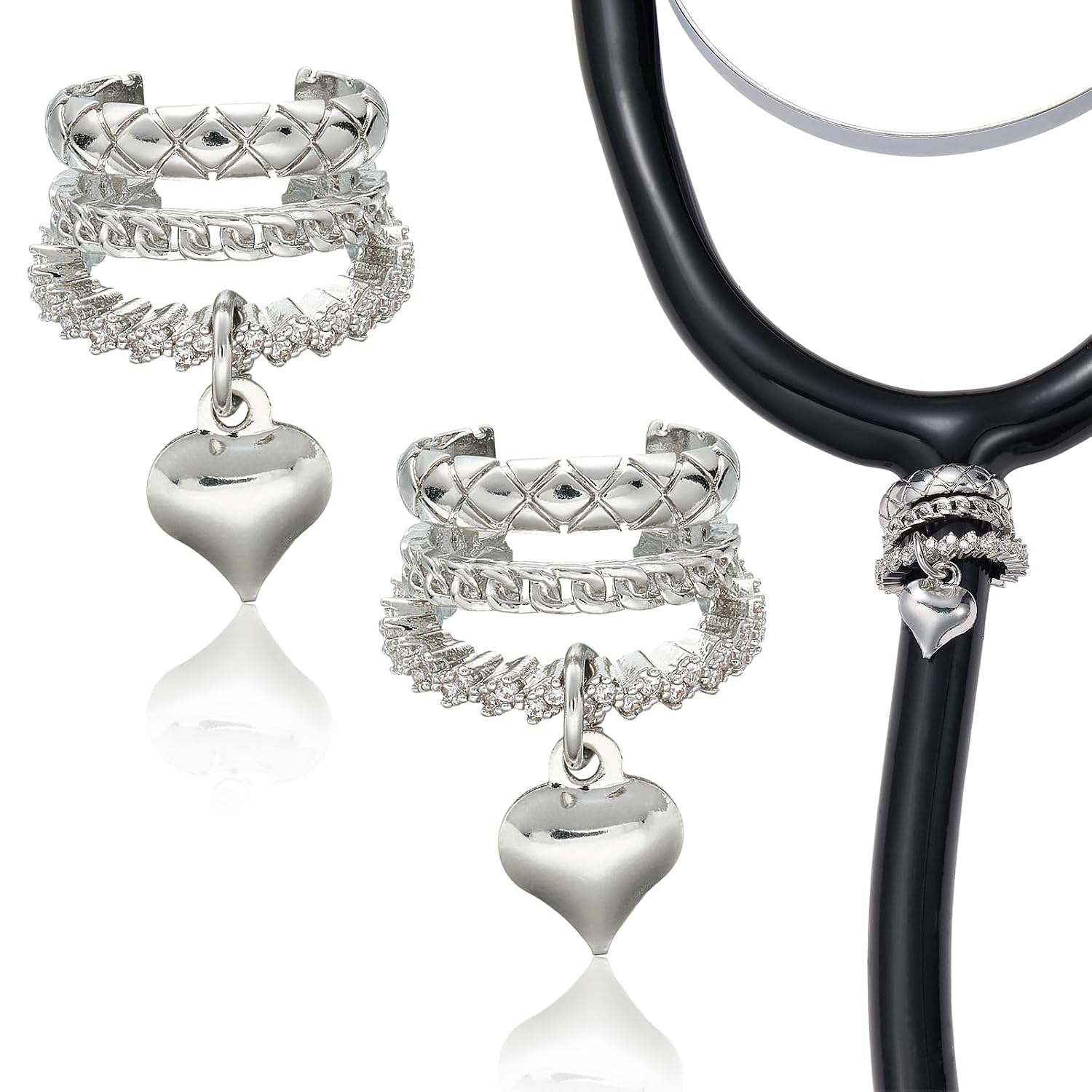 2 Pcs Brass Heart Stethoscope Charms for Nurses Personalized Cubic Zirconia Stethoscope Charm Love Heart Gifts for Nurse Graduates Doctor Surgeons and Medical Assistant(Silver)