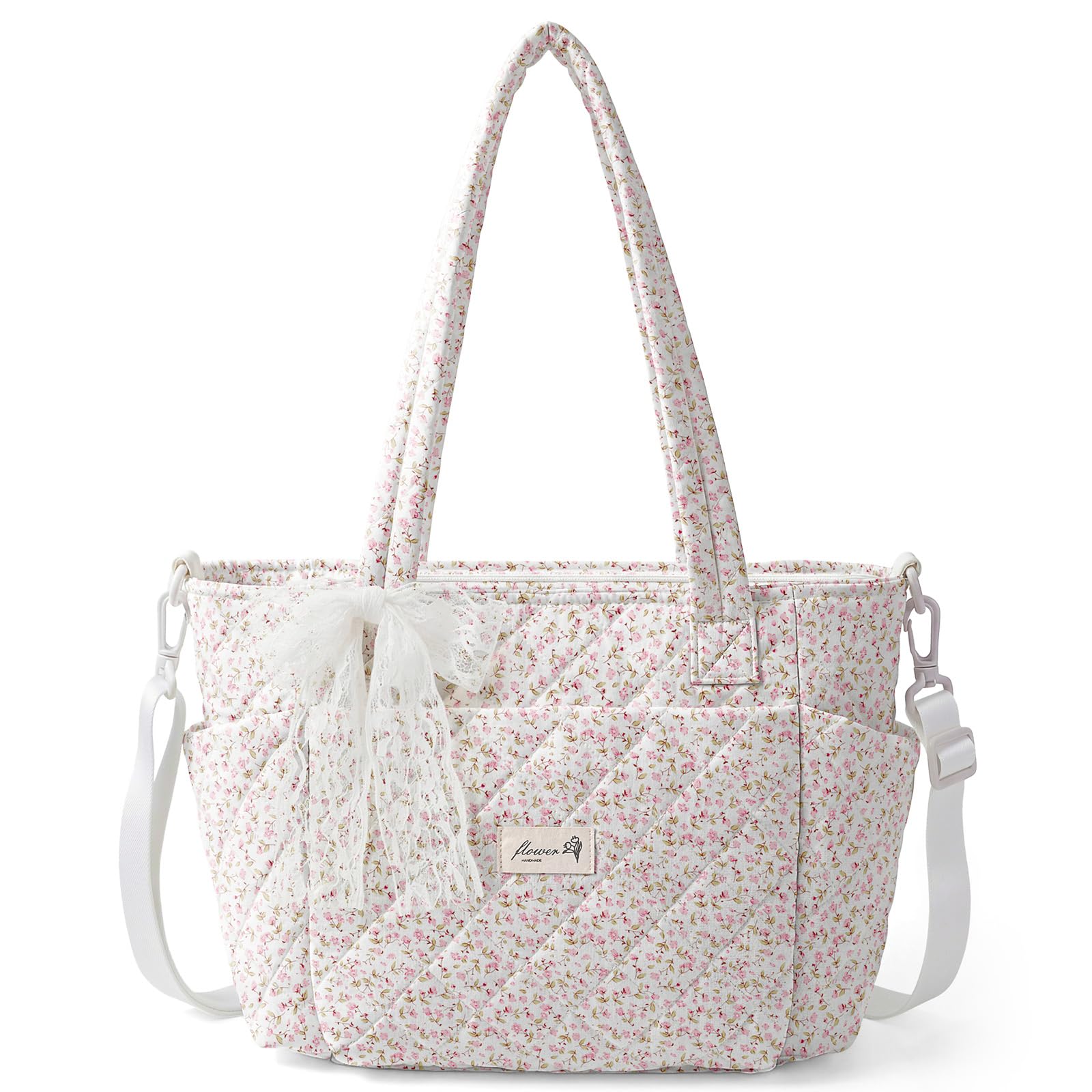 Photo 1 of WOBAGMEN Quilted Lunch Box for Women,Insulated Lunch Tote Bag for Women for Work, Coquette Large Capacity Lunch Tote with Shoulder Straps, Elegant Lunch Purse (Pink Floral, M)