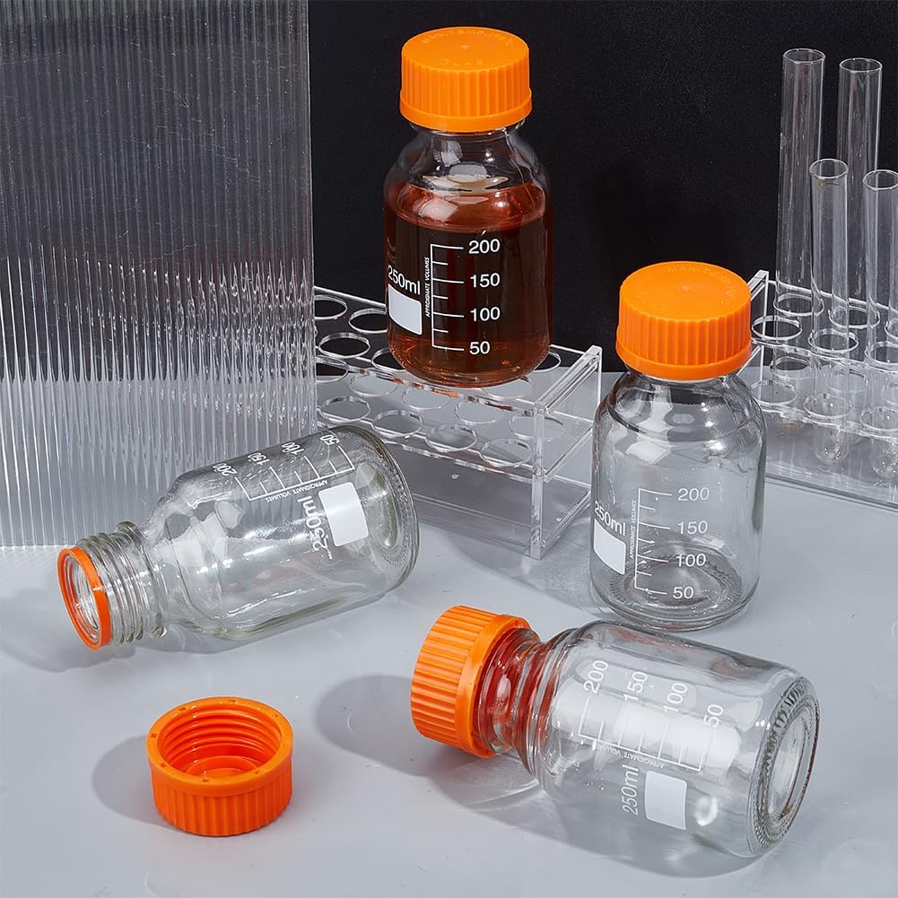OLYCRAFT 4Pcs 250Ml Round Media Storage Bottles with GL45 Screw Cap Borosilicate Storage Glass Bottles Glass Scientific Round Graduated Media Bottle for Lab Water Reagent Liquids 121°C/249.8°F