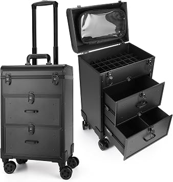 Yokilly Rolling Makeup Train Case, Professional Cosmetology Case on Wheels, Aluminum Cosmetic Trolley Travelling Cart Trunk with Swivel Wheels, Sliding Drawer & Keys for Nail Technician StylistBlack
